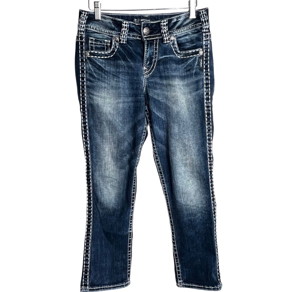 SILVER SUKI MID CAPRI FLUID DARK WASH DENIM JEANS SIZE 27
